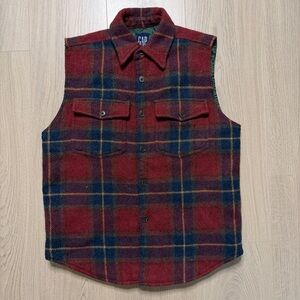 Vintage GAP Sleeveless Wool Nylon Lined Flannel Plaid Vest Womens Large Red 90s